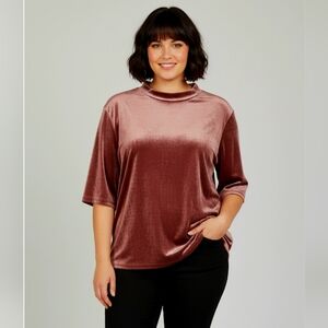 Womance Velvet Pink Short Sleeves Top, Plus Size 3X
